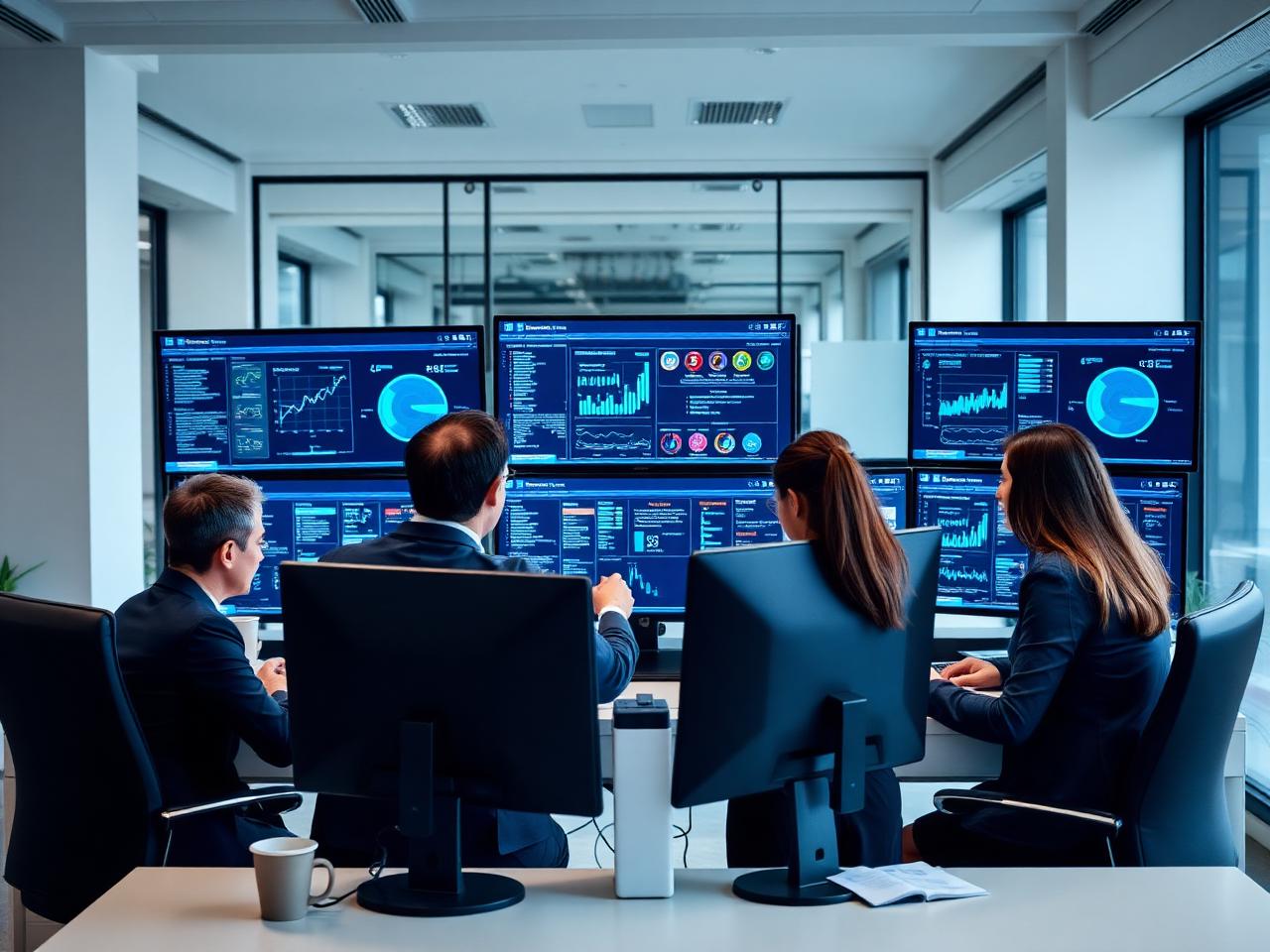 Business team reviewing analytics dashboards in a modern office